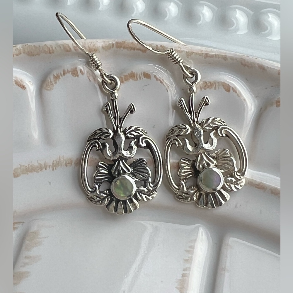 Opal Cabochon Dangle Earrings Vintage Sterling Silver NOS 925